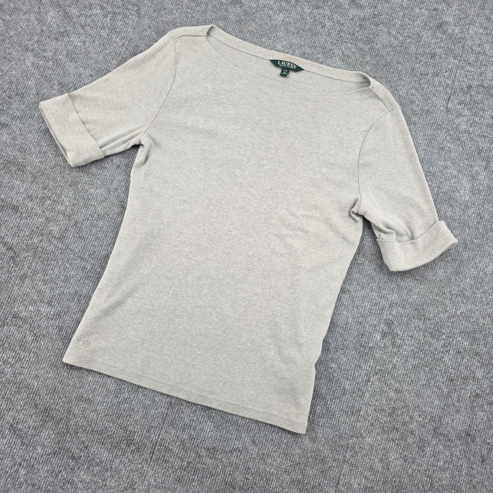 Lauren Ralph Lauren Womens Large Gray Boat Neck Elbow Sleeve Cuffed Top L/G